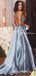 Luxurious A-line Straps Blue Formal Evening Dress,Sexy Backless Beaded Deep V Neckline prom dresses,  ,PDY0174
