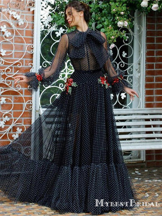 Newest Elegant High Neck Long Sleeves Navy Blue Tulle A-line Long Cheap Evening Party Prom Dresses, PDS0016