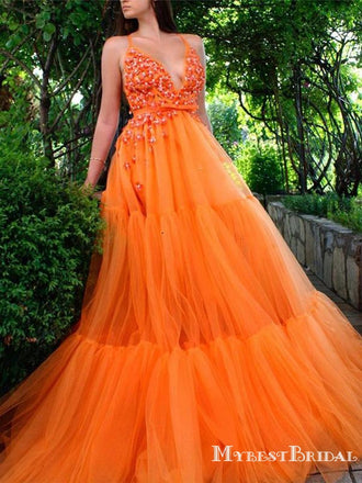 New Arrival Spaghetti Strap Sleeveless Beaded Orange Tulle A-line Long Cheap Formal Prom Dresses, PDS0006