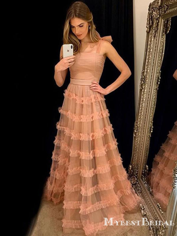 Charming New Arrival Spaghetti Strap Sleeveless Pink Tulle A-line Long Cheap Evening Prom Dresses, PDS0007