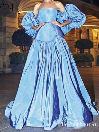 Newest Elegant Off-The-Shoulder Long Sleeves Blue Saitn A-line Long Cheap Evening Party Prom Dresses, PDS0017