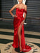 One Shoulder  Sleeveless Simple Charming Red Elastic Silk Side Slit Long Cheap Mermaid Prom Dresses, TYP0116