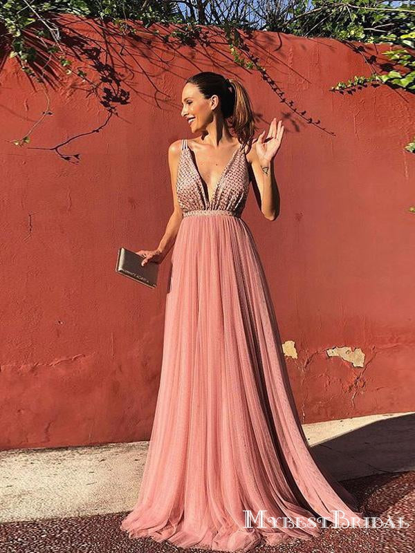 Sexy Deep V-neck Spaghetti Strap Pink Tulle Charming Elegant A-line Long Cheap Prom Dresses, TYP0136