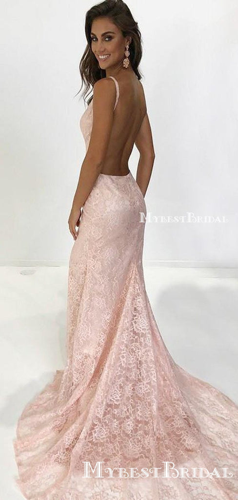 Blush Pink Lace Mermaid Prom Dresses, Long Prom Dresses, Backless Prom Dresses, BG0404