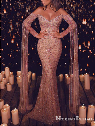 Gegorus Sparkly Sequin Off-The-Shoulder Long Sleeves Mermaid Long Cheap Elegant Prom Dresses, TYP0138