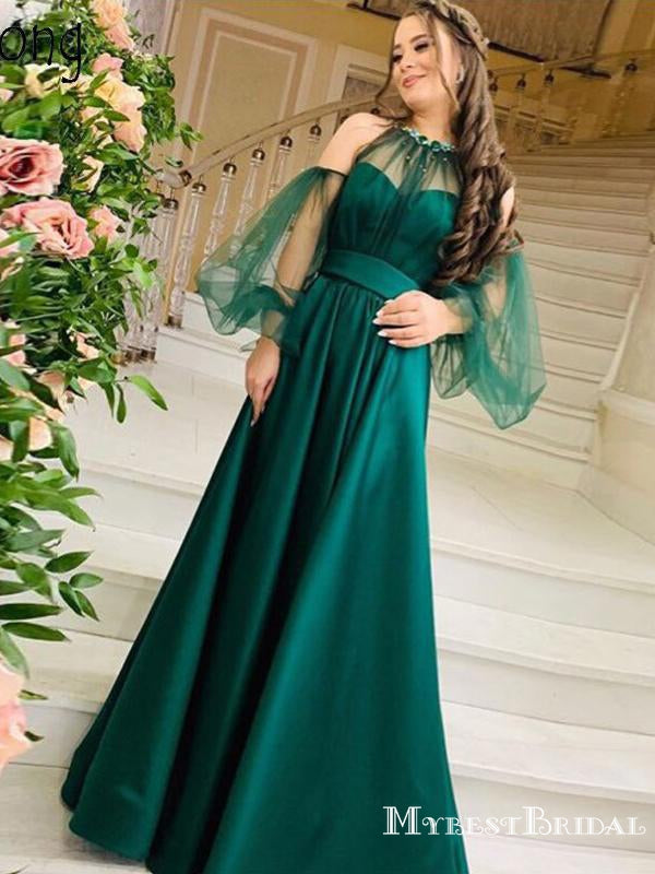 Charming New Arrival Halter Long Sleeves Green Satin A-line Long Cheap Evening Party Prom Dresses, PDS0010