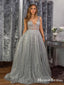 Charming A-Line Silver Sequined V Neck Sparkly  Sexy Party Dress Long Cheap Formal Prom Dresses, PDS0034