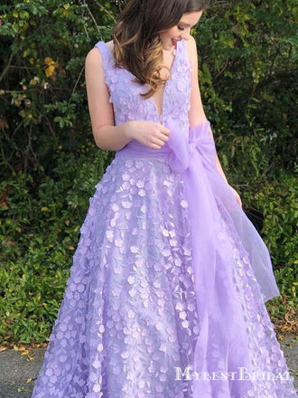 New Arrival A-Line V-neck Sweep Train Lilac Lace Long Cheap Evening Party Prom Dresses with Sash, PDS0052