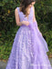 New Arrival A-Line V-neck Sweep Train Lilac Lace Long Cheap Evening Party Prom Dresses with Sash, PDS0052