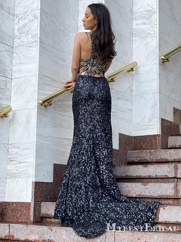 Sparkly Navy Blue Sequin Round Neck Mermaid Long Cheap Prom Dresses, PDS0069