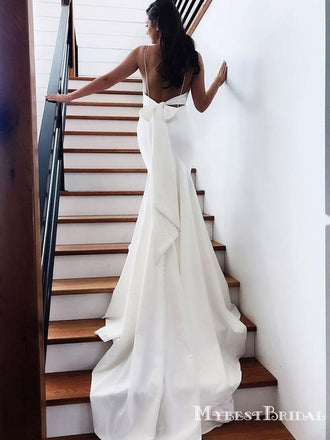 Simple Spaghetti Strap White Chiffon Mermiad Long Cheap Formal Evening Prom Dresses With Bow, PDS0040
