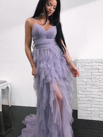 Spaghetti Hi-low Dusty Purple Prom Dresses, Unique Long Prom Dresses, BG0446