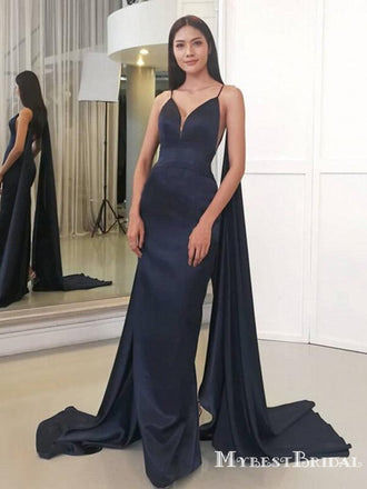 Spaghetti Strap V-neck Navy Blue Satin Mermiad Long Cheap Formal Evening Prom Dresses, PDS0059