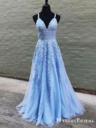 Charming Elegant Spaghetti Strap V-neck Blue Lace A-line Long Cheap Formal Evening Party Prom Dresses, PDS0048