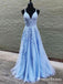 Charming Elegant Spaghetti Strap V-neck Blue Lace A-line Long Cheap Formal Evening Party Prom Dresses, PDS0048