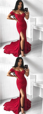 Off Shoulder Prom Dresses, Long Prom Dresses, Mermaid Side Slit Prom Dresses, Prom Dresses, BG0437