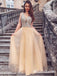 Elegant Charming V-neck Chamapagne Organza Top Beads A-line Long Cheap Formal Prom Dresses, PDS0036