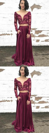 2 Pieces Prom Dresses, Long Sleeves Prom Dresses, Cheap Long Prom Dresses, BG0396
