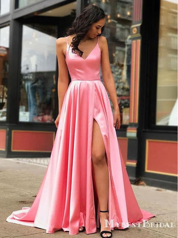 Simple V-neck Sleeveless Pink Satin Side Slit A-line Long Cheap Formal Evening Party Prom Dresses, PDS0044
