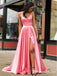 Simple V-neck Sleeveless Pink Satin Side Slit A-line Long Cheap Formal Evening Party Prom Dresses, PDS0044