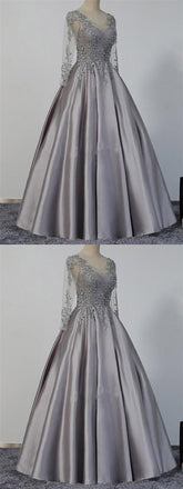 Long Sleeves Prom Dresses, Grey Prom Dresses, Satin Prom Dresses, Beaded Prom Dresses, BG0431