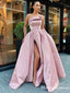 Simple Charming Pink Satin Strapless Side slit A-Line Long Cheap Formal Evening Party Prom Dresses, PDS0050