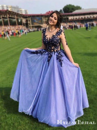 New Sexy A Line Illusion Neckline Long Sleeve Tulle Lace Applique Formal Dresses Evening Prom Dresses, PDS0056