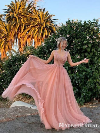 Sparkly Beading Charming V Neck Pink Tulle A Line Beauty Long Cheap Evening Party Formal Prom Dresses, PDS0051