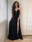 Charming Simple Spaghetti Straps A Line V Neck Black Long Formal Cheap Evening Prom Dresses, PDS0029