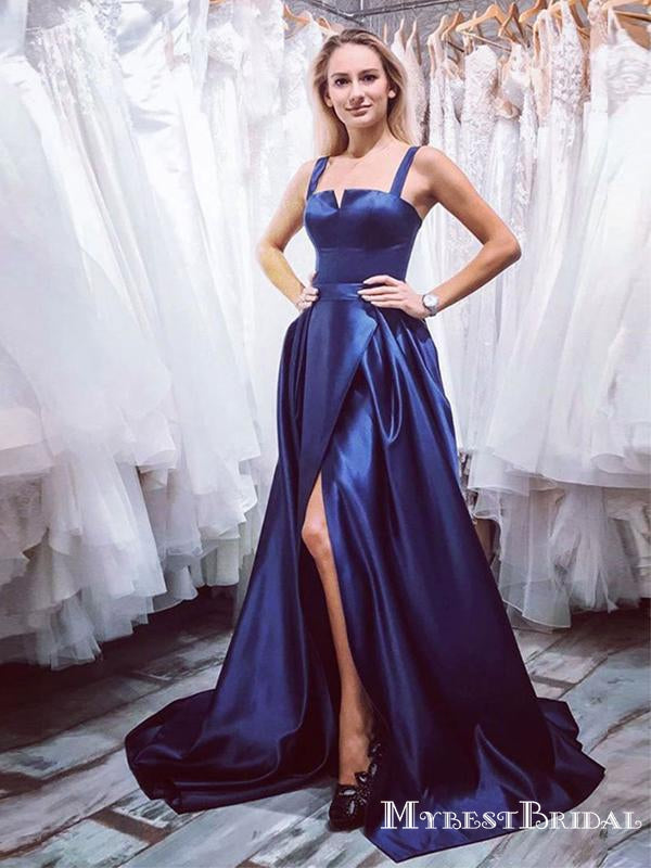 Elegant Simple Square Neckline Blue Satin Side Slit A-line Long Cheap Formal Evening Prom Dresses, PDS0038