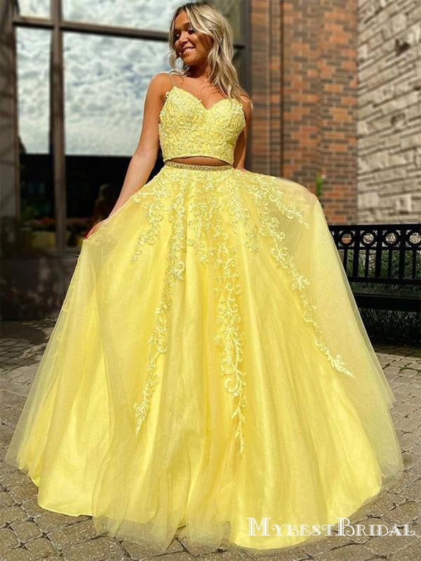 V-neck Two Pieces Backless Beaded Yellow Lace Long A-line Cheap Formal Evening Prom Dresses, PDS0058