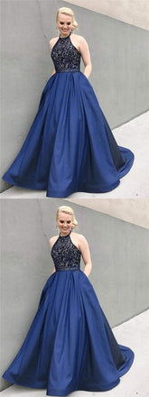 Halter Rhinestone Beaded Prom Dresses, Satin A-line Prom Dresses, Cheap Prom Dresses, BG0427