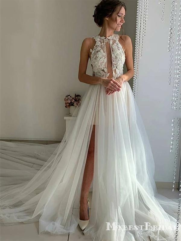 Newest Appliques Halter Sleeveless Lace Ivory Tulle A-line Long Wedding Dresses, PDS0042