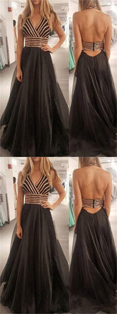 Halter Prom Dresses, V-neck Prom Dresses, Black Prom Dresses, Cheap Prom Dresses, BG0425