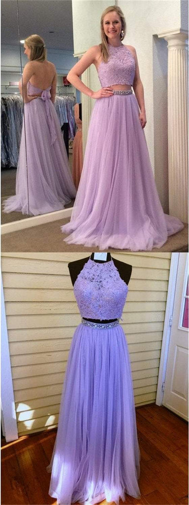 2 Pieces Lace Tulle Prom Dresses, Beaded Prom Dresses, Lilac Prom Dresses, Prom Dresses, BG0392