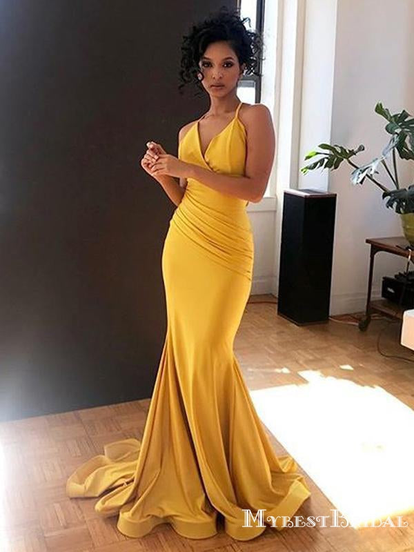 Sexy Mermaid Yellow Prom Dress Cheap Sexy Halter Sleeveless Long Cheap Formal Party Prom Dresses, PDS0053