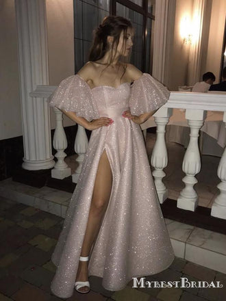 Sparkly A-Line Pink Sequins Sweetheart Long Cheap Sparkle EveningParty Prom Dresses with Sleeves, PDS0049