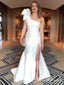 Charming One Shoulder White Satin Mermaid Side Slit Long Cheap Formal Evening Prom Dresses, PDS0065