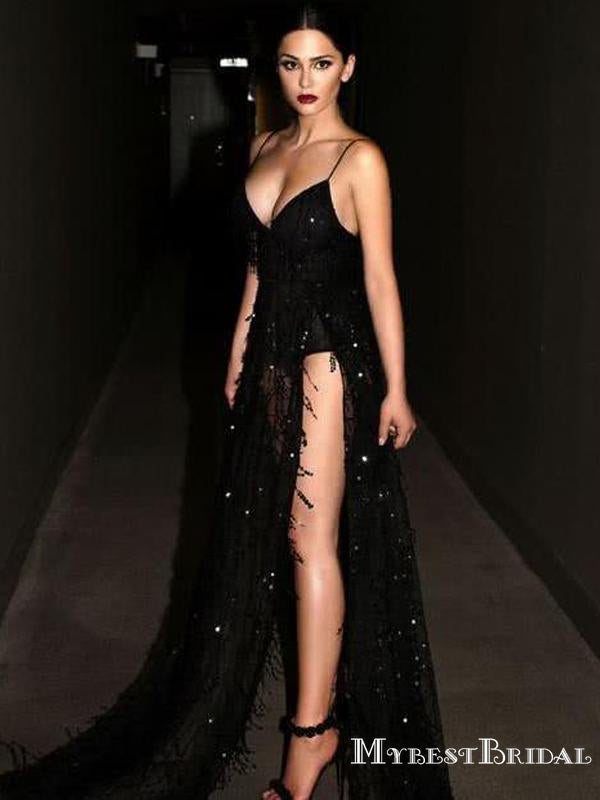 Sexy V-neck Spaghetti Strap Black See-through Lace Side Slit Long Cheap Evening Prom Dresses, PDS0066