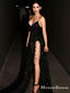 Sexy V-neck Spaghetti Strap Black See-through Lace Side Slit Long Cheap Evening Prom Dresses, PDS0066