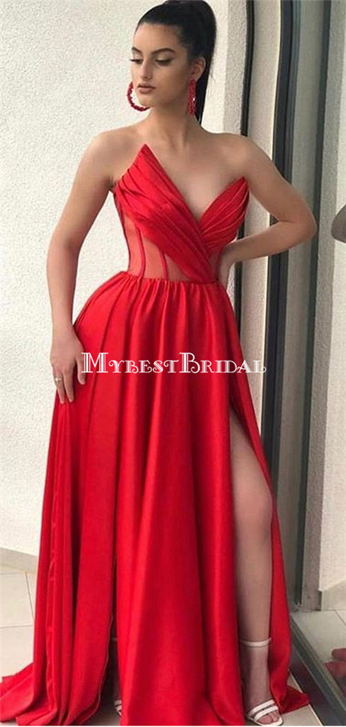 Charming Sweetheart Red Satin Side Slit A-line Long Cheap Prom Dresses, PDS0100