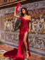 Sexy Red Off shoulder Stain Split Cheap Mermaid Long Prom Dresses, PDS0142