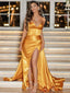 Elegant Marigold Strapless Split Cheap Mermaid Long Prom Dresses, PDS0144