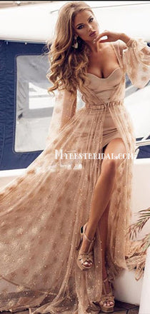 Gorgeous See Through Long Sleeves A-line Tulle Long Prom Dresses, PDS0138