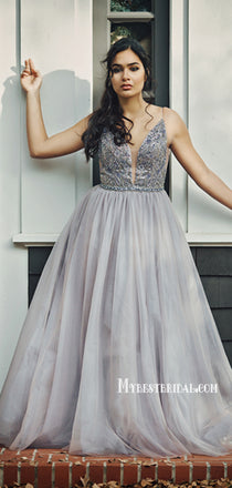Lovely V-neck Spaghetti Straps A-line Tulle Long Prom Dresses, PDS0137