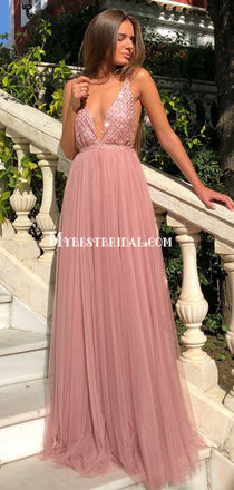 Sexy Deep V-neck Spaghetti Strap Sequin Tulle A-line Long Prom Dresses, PDS0114