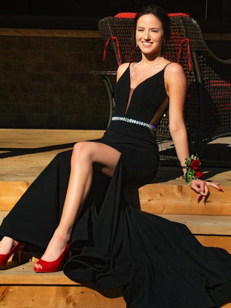 Elegant Spaghetti Strap Black Satin Mermaid Long Cheap Prom Dresses, PDS0101