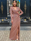 Sexy V-neck Long Sleeves Sequin Side Slit Long Prom Dresses, PDS0106