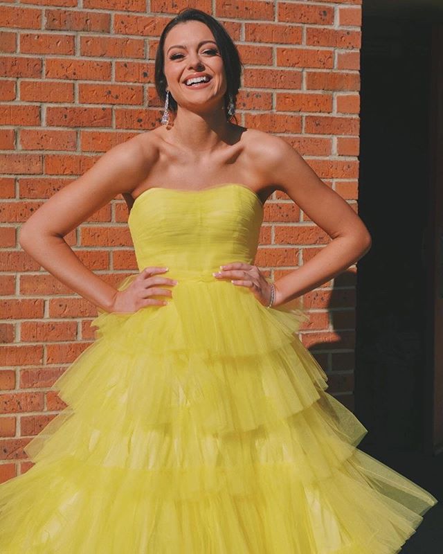 Pretty Yellow Sweetheart A-line Tulle Long Prom Dresses, PDS0111