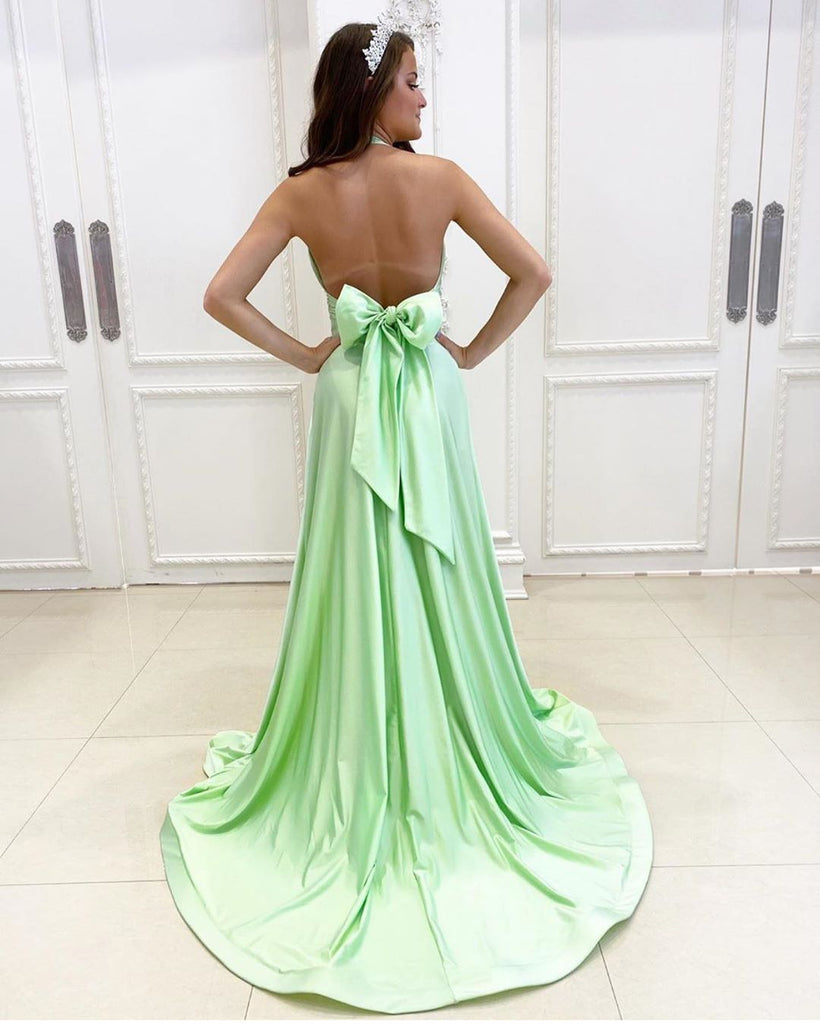 Sexy Mint-Green V-neck A-line Slit Long Prom Dresses, PDS0110